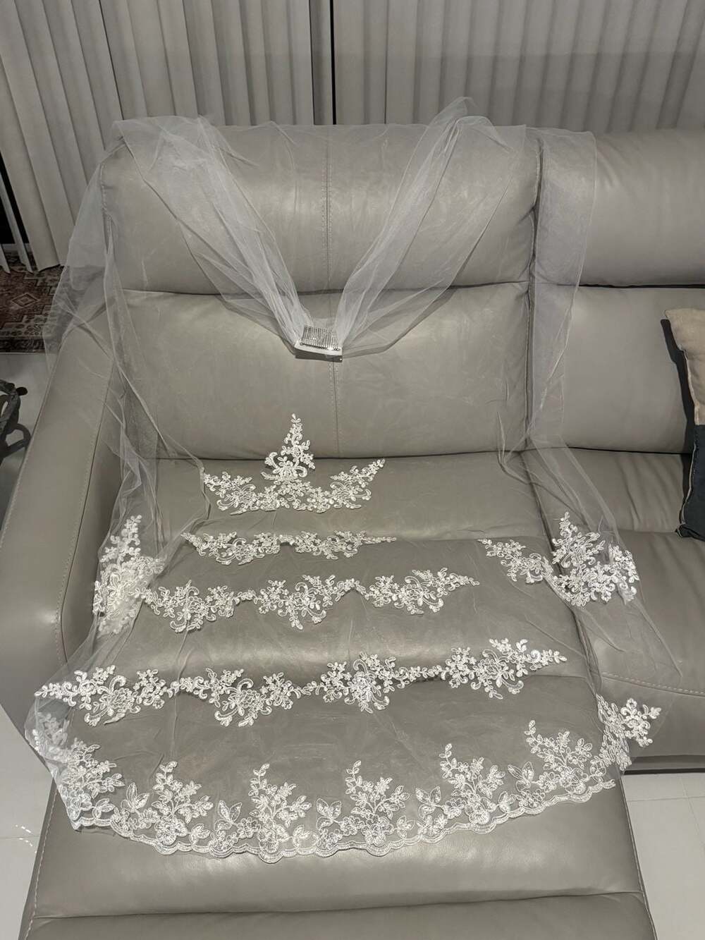 Cathedral Length Lace Applique Wedding Veil with Metal Comb White 118"